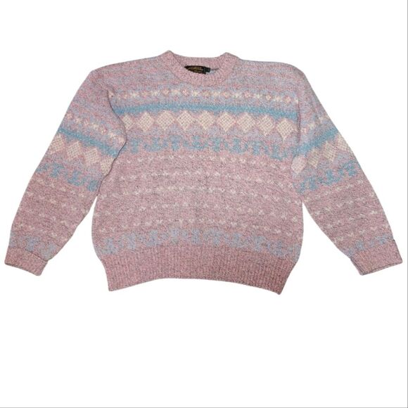 Vintage Eddie Bauer Fairy Kei Fair Isle Pink Wool Blend Sweater Size M - Picture 2 of 5